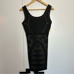Sapphire Dolls gold Studded Black mini Dress medium bodycon stretch keyhole